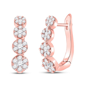 14kt Rose Gold Womens Round Diamond Flower Cluster Hoop Earrings 1-1/4 Cttw