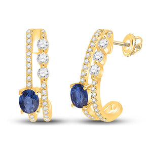 14kt Yellow Gold Womens Oval Blue Sapphire Diamond J Hoop Earrings 3/4 Cttw