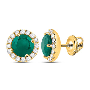 14kt Yellow Gold Womens Round Emerald Diamond Halo Earrings 1-1/5 Cttw