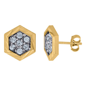 10kt Gold Two-tone CZ Mens DC Hexagon 9.9mm x 11.2mm Push Back Studs
