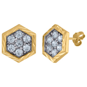 10kt Gold Two-tone CZ Mens DC Hexagon 11.8mm x 13.4mm Push Back Studs