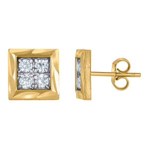 10kt Gold Two-tone CZ Mens DC Square 8.9mm Push Back Studs