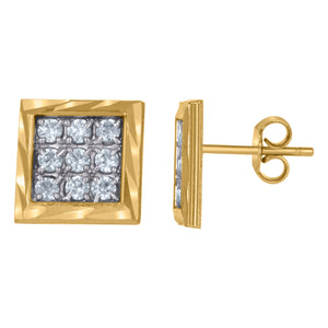 10kt Gold Two-tone CZ Mens DC Square 11mm Push Back Studs