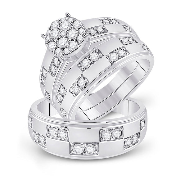 14kt White Gold His Hers Round Diamond Cluster Matching Wedding Set 1 Cttw