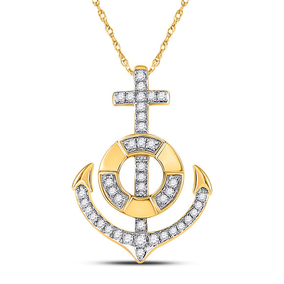 10kt Yellow Gold Womens Round Diamond Anchor Nautical Pendant 1/5 Cttw