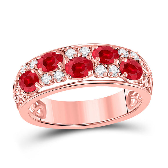 14kt Rose Gold Womens Oval Ruby Diamond Alternating Band Ring 1-1/5 Cttw