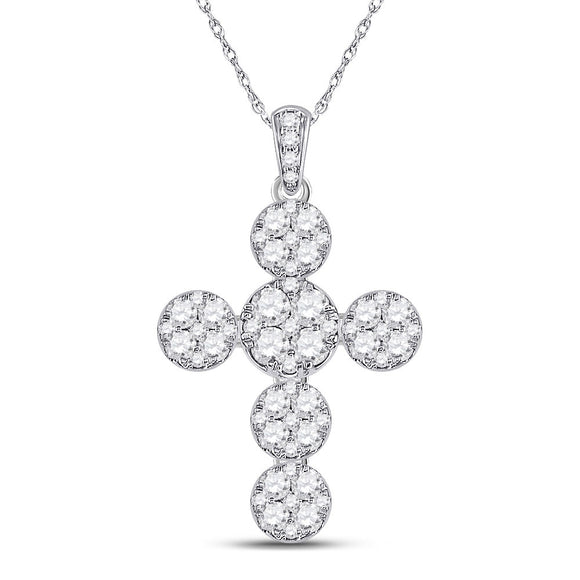 14kt White Gold Womens Round Diamond Cluster Cross Pendant 1-1/3 Cttw