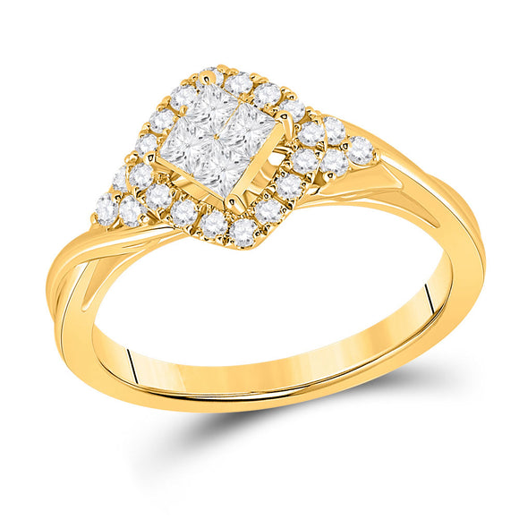 14kt Yellow Gold Womens Princess Diamond Offset Square Halo Ring 1/2 Cttw