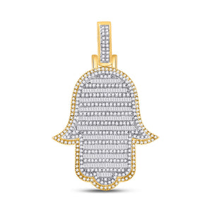 10kt Yellow Gold Mens Baguette Diamond Hamsa Hand Charm Pendant 2 Cttw