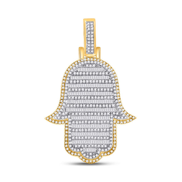 10kt Yellow Gold Mens Baguette Diamond Hamsa Hand Charm Pendant 2 Cttw