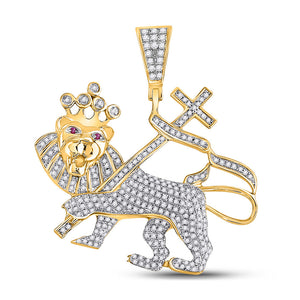 10kt Yellow Gold Mens Round Diamond Lion Cross Banner Charm Pendant 7/8 Cttw