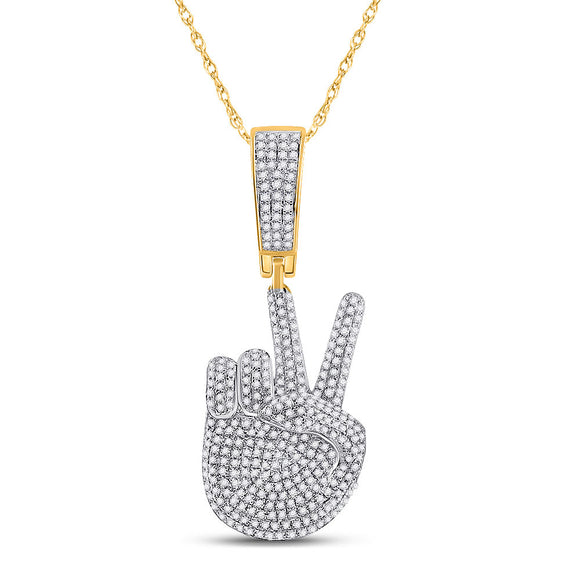 10kt Yellow Gold Mens Round Diamond Peace Sign Hand Charm Pendant 1 Cttw