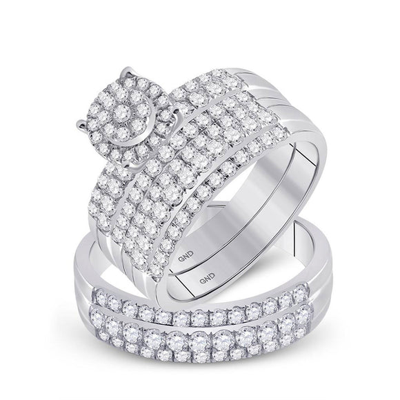 14kt White Gold His Hers Round Diamond Cluster Matching Wedding Set 2 Cttw
