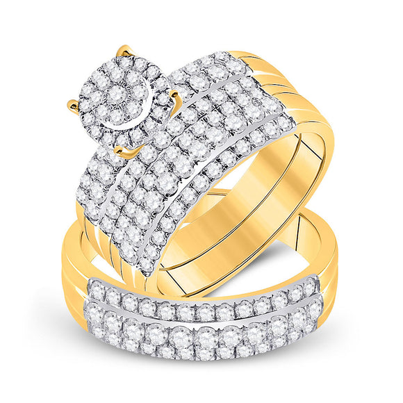 14kt Yellow Gold His Hers Round Diamond Cluster Matching Wedding Set 2 Cttw