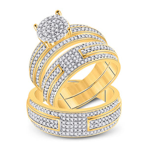14kt Yellow Gold His Hers Round Diamond Cluster Matching Wedding Set 1 Cttw