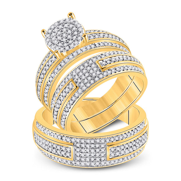 14kt Yellow Gold His Hers Round Diamond Cluster Matching Wedding Set 1 Cttw