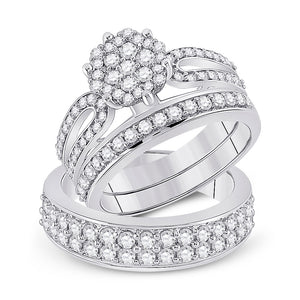 14kt White Gold His Hers Round Diamond Cluster Matching Wedding Set 1-3/4 Cttw