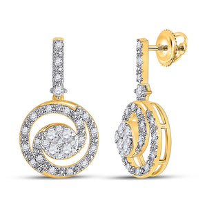 14kt Yellow Gold Womens Round Diamond Circle Cluster Dangle Earrings 1/2 Cttw