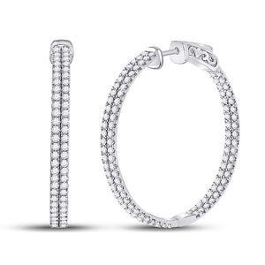 14kt White Gold Womens Round Diamond Double Row Hoop Earrings 2 Cttw