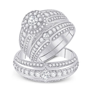 14kt White Gold His Hers Round Diamond Halo Matching Wedding Set 2-1/3 Cttw