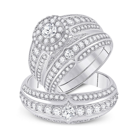 14kt White Gold His Hers Round Diamond Halo Matching Wedding Set 2-1/3 Cttw