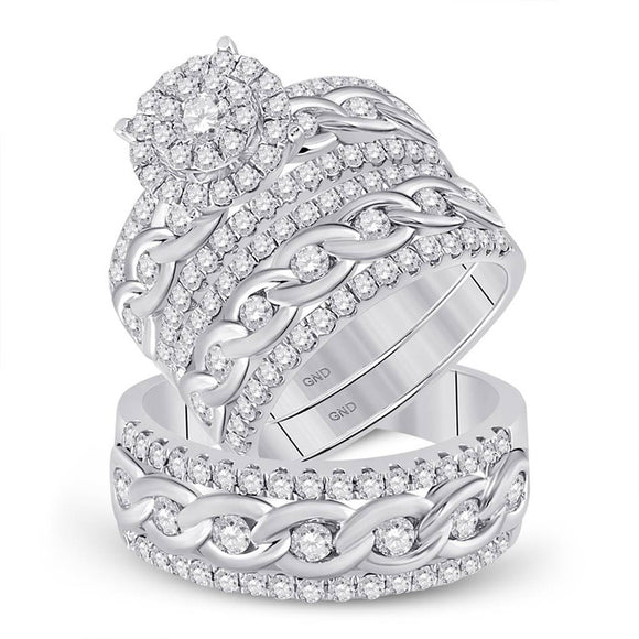 14kt White Gold His Hers Round Diamond Halo Matching Wedding Set 2-7/8 Cttw