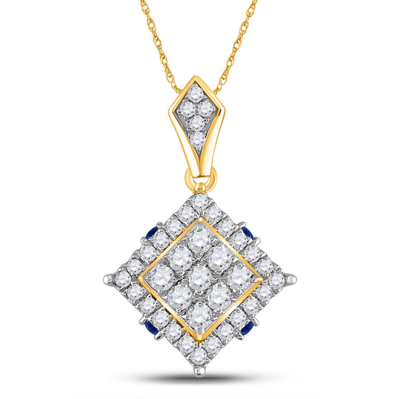 14kt Yellow Gold Womens Round Diamond Blue Sapphire Square Pendant 5/8 Cttw