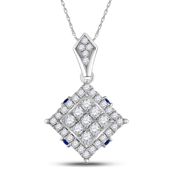 14kt White Gold Womens Round Diamond Blue Sapphire Square Pendant 5/8 Cttw