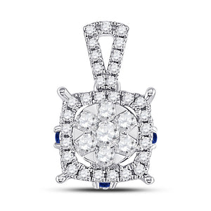 14kt White Gold Womens Round Diamond Blue Sapphire Square Pendant 1/2 Cttw