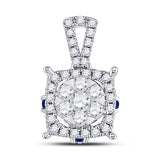 14kt White Gold Womens Round Diamond Blue Sapphire Square Pendant 1/2 Cttw