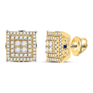14kt Yellow Gold Womens Round Diamond Blue Sapphire Square Earrings 1 Cttw