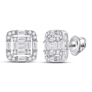 14kt White Gold Womens Baguette Diamond Cluster Fashion Earrings 5/8 Cttw