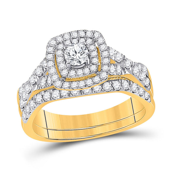 10kt Yellow Gold Round Diamond Halo Bridal Wedding Ring Band Set 1 Cttw