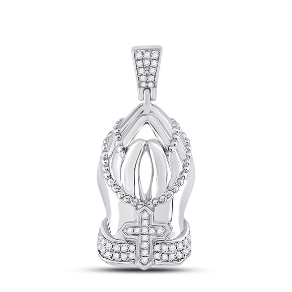 10kt White Gold Mens Round Diamond Praying Hands Rosary Charm Pendant 1/4 Cttw