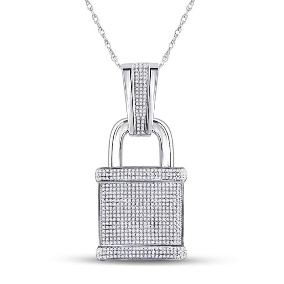 10kt White Gold Mens Round Diamond Lock Padlock Charm Pendant 1-1/2 Cttw