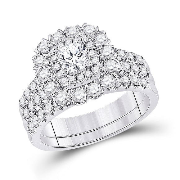 14kt White Gold Cushion Diamond Bridal Wedding Ring Band Set 1-7/8 Cttw
