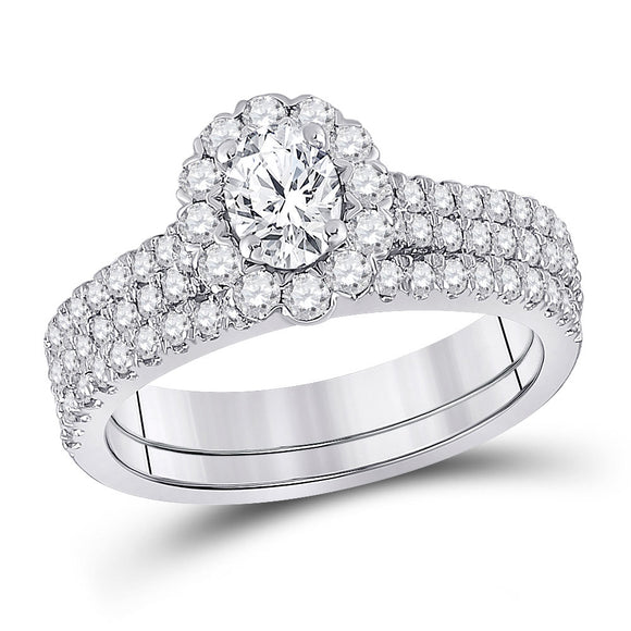 14kt White Gold Oval Diamond Bridal Wedding Ring Band Set 1-1/2 Cttw