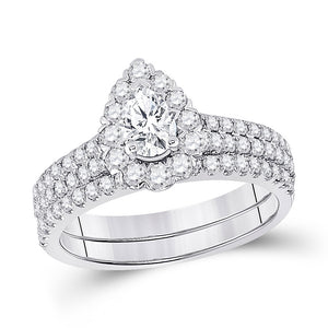 14kt White Gold Pear Diamond Bridal Wedding Ring Band Set 1-1/2 Cttw