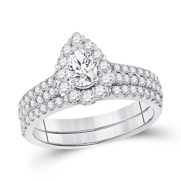 14kt White Gold Pear Diamond Bridal Wedding Ring Band Set 1-1/2 Cttw