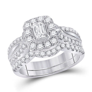 14kt White Gold Emerald Diamond Bridal Wedding Ring Band Set 1-3/8 Cttw