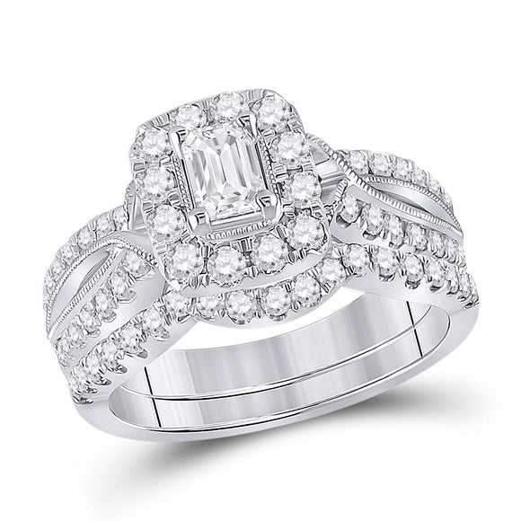 14kt White Gold Emerald Diamond Bridal Wedding Ring Band Set 1-3/8 Cttw
