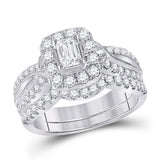 14kt White Gold Emerald Diamond Bridal Wedding Ring Band Set 1-3/8 Cttw