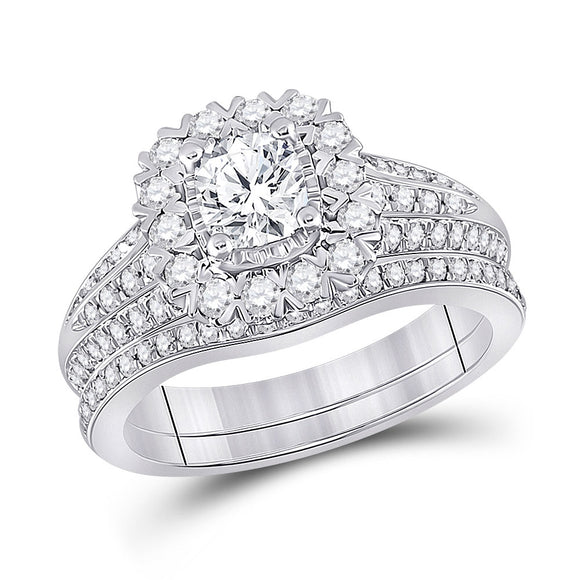 14kt White Gold Cushion Diamond Bridal Wedding Ring Band Set 1-1/2 Cttw