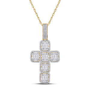 10kt Yellow Gold Mens Baguette Diamond Cross Charm Pendant 1-7/8 Cttw