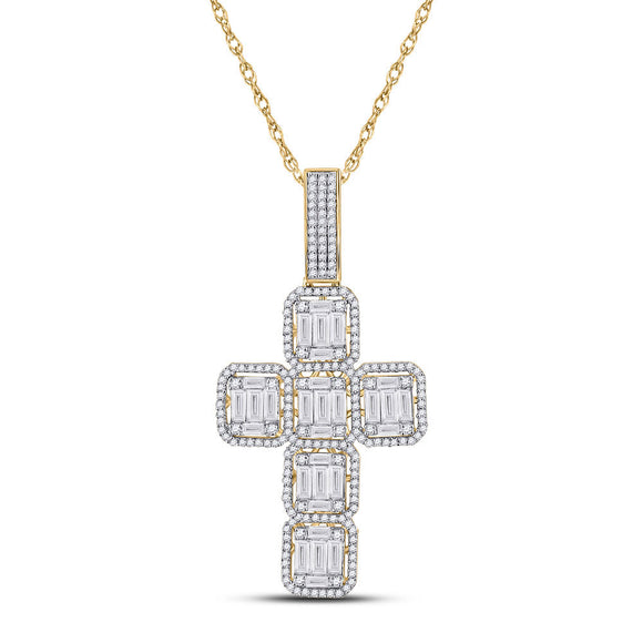 10kt Yellow Gold Mens Baguette Diamond Cross Charm Pendant 1-7/8 Cttw