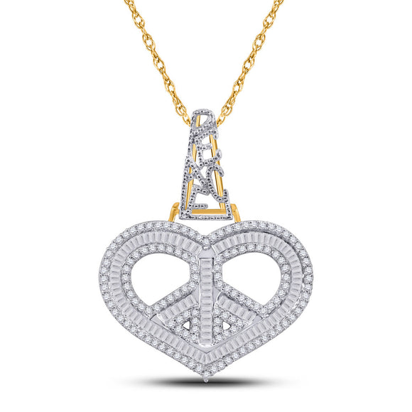 10kt Yellow Gold Mens Baguette Diamond Heart Peace Sign Charm Pendant 1 Cttw