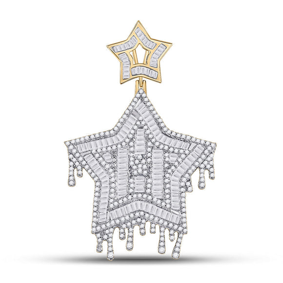 10kt Yellow Gold Mens Baguette Diamond Star Dripping Charm Pendant 2-3/4 Cttw