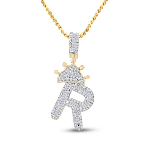 10kt Yellow Gold Mens Baguette Diamond Crown R Letter Charm Pendant 3/4 Cttw