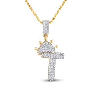 10kt Yellow Gold Mens Baguette Diamond Crown T Letter Charm Pendant 1/2 Cttw