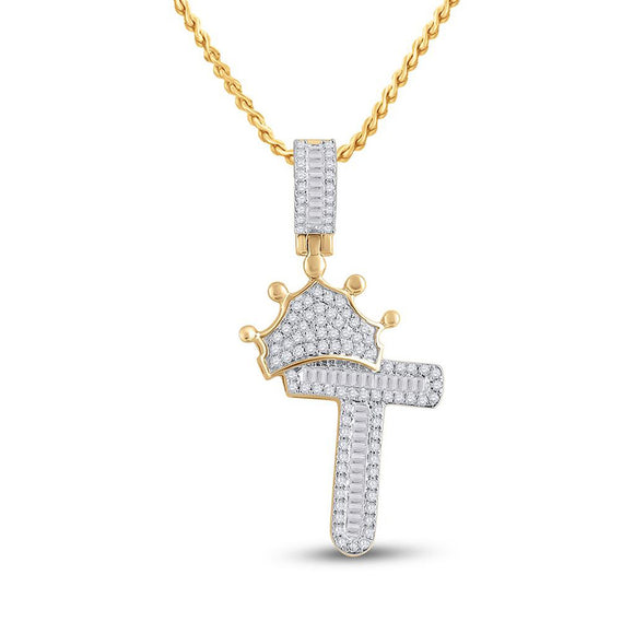 10kt Yellow Gold Mens Baguette Diamond Crown T Letter Charm Pendant 1/2 Cttw